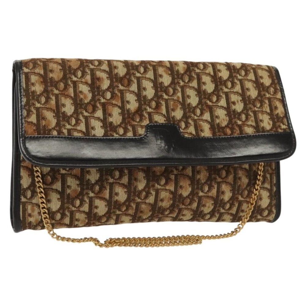 Christian Dior Trotter Canvas Chain Shoulder Bag Brown Gold Auth gh553 - Picture 1 of 16